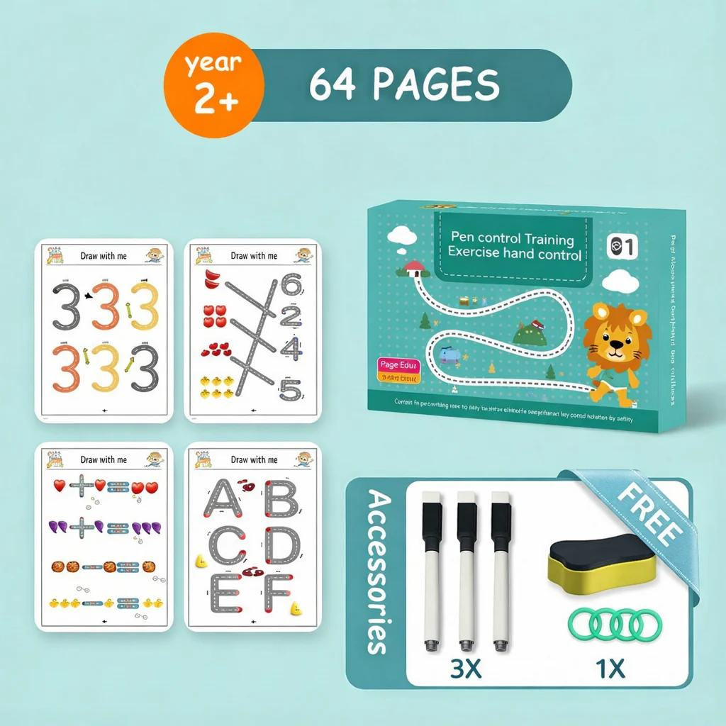 64 Pages Magic Writing Book + (Free 3 Markers & Eraser)